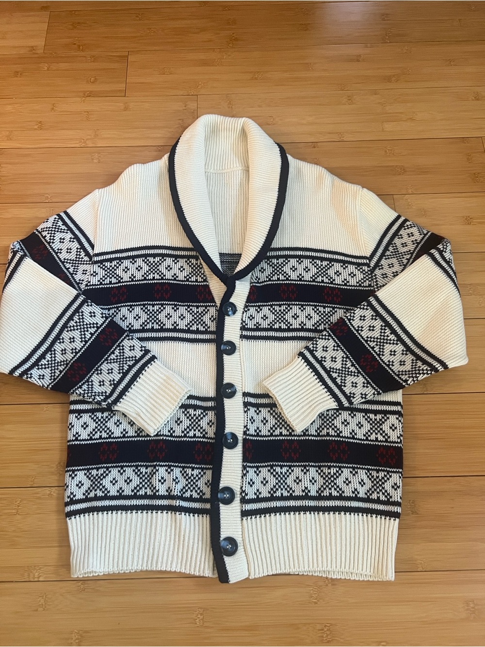 Vtg 1970s Shawl Collar Knit Cardigan Sweater Men's L Large Fair Isle Aztec Cream
